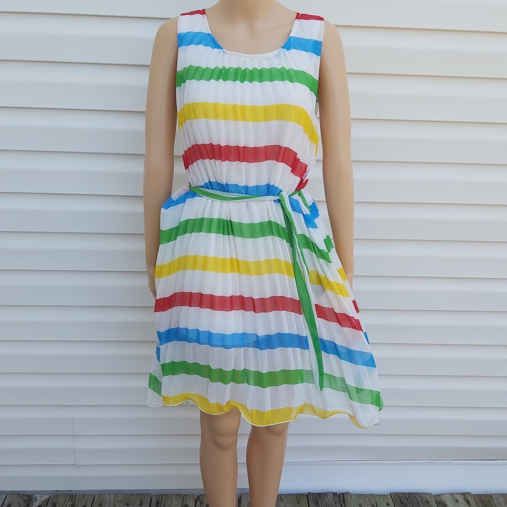 Vintage QED London Ranbow/Beachball  Striped, Pleated Trapeze Dress M/L